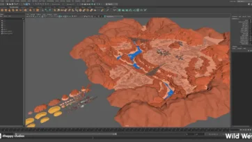 Maya 3D software view of wild west canyon environment with low poly terrain and game assets