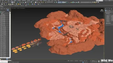 3D modeling workflow of western frontier environment with asset organization in 3D software