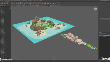 Maya software interface displaying 3D temple environment setup with detailed asset hierarchy and scene organization