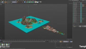 Cinema 4D development view of low poly temple island environment, showcasing architectural assets and tropical landscape elements