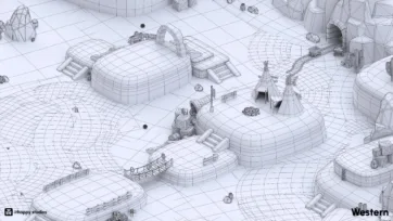 Wireframe view of low poly western frontier models showing teepees, platforms and settlement structures
