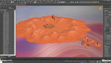 3DS Max development view showing low poly western terrain modeling with mountain range and settlement