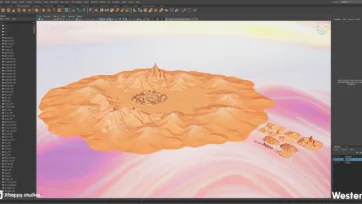 Maya 3D software view showing western desert terrain modeling with mountain range and settlement area