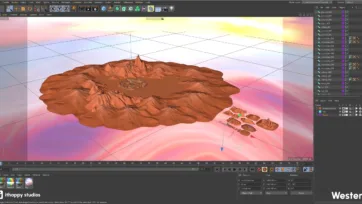 Cinema 4D development view of western landscape with terrain modeling for frontier game environment
