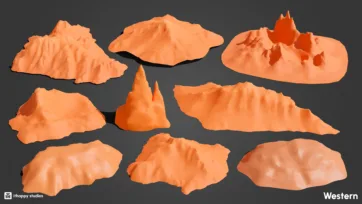 Collection of low poly desert mountain terrain models and rock formations for western-themed environments