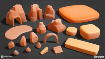 Low poly western terrain assets including rocks, platforms, arches and ground variations for 3D game development