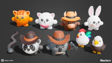 Set of low poly cartoon animal characters in western outfits including cowboy panda, koala, and various critters
