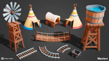 3D western structure assets featuring windmill, teepees, wooden bridge, water tower and railroad tracks