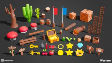 Collection of low poly western game assets including cacti, treasure chest, TNT boxes, and collectible items