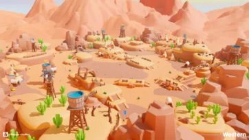 Aerial view of low poly western frontier with water towers, elevated platforms and desert mountain backdrop