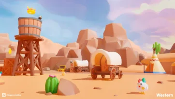 Low poly western scene with covered wagons, water tower and cartoon chicken character in desert setting