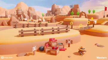 Low poly western game scene featuring TNT crates, danger signs, and cartoon character with wooden fences and desert backdrop