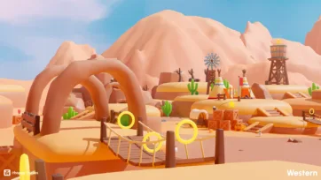 Desert canyon bridge scene with low poly western assets including teepees, windmill tower, and floating ring obstacles