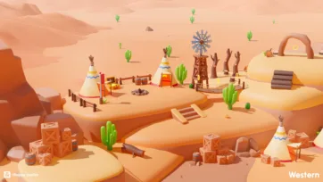 Low poly cartoon western scene with teepees, windmill, and desert plateaus featuring wooden crates and cacti