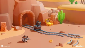 Low poly 3D western mine entrance scene with railroad tracks, cartoon panda character, and treasure chest in desert setting