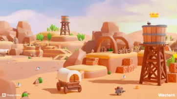 Low poly western frontier game environment showing desert platforms, covered wagon, and character elements in cartoon style