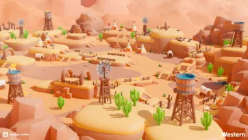 Detailed view of low poly western settlement assets including windmill, water towers, and covered wagons in desert setting