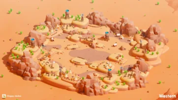 Low poly 3D western desert outpost environment featuring elevated platforms, rocky formations, and scattered settlements