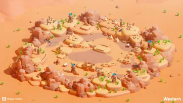 Aerial view of a low poly 3D western frontier settlement with water towers, teepees, and desert landscape