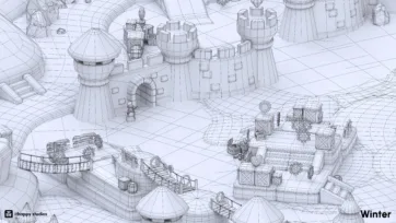 Close-up wireframe view of winter fortress architecture showing polygon mesh detail of ice castle towers, bridges, and gameplay elements in 3D modeling environment