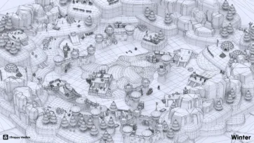 Wireframe visualization of a low-poly winter adventure game level showing detailed 3D mesh structure of ice fortress, snow-covered platforms, and environment elements