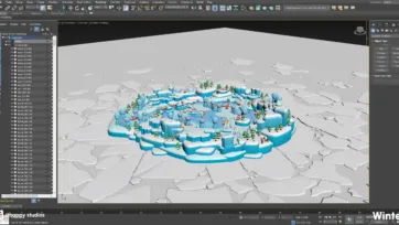 Winter fortress level design process in 3D Max showing low-poly ice landscape with detailed asset management and scene layout
