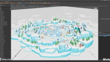 Low-poly winter adventure game level modeling in Maya, featuring ice fortress environment with detailed scene hierarchy and asset organization