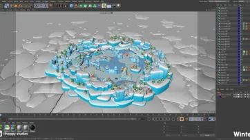 3D winter castle level creation process in Cinema 4D showing ice fortress construction with detailed asset placement and level design