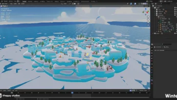 Winter fortress level development in Blender's 3D environment showing low-poly landscape with ice towers, pine trees and gameplay elements