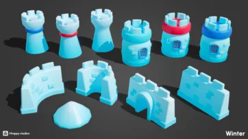Collection of low-poly ice castle towers and wall elements with decorative bands and windows for winter fortress construction