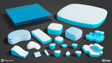 Collection of low-poly ice and snow platforms, surfaces and terrain pieces for winter game level design on dark background