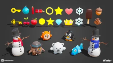 3D winter game collectibles and characters including snowmen, fox, penguin, polar bear, and items like keys, stars, and snowflakes on dark background