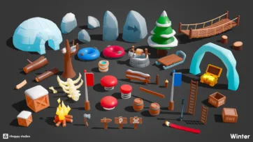 Low-poly winter game assets collection featuring igloo, ice rocks, wooden bridge, TNT crates, and various gameplay elements on dark background
