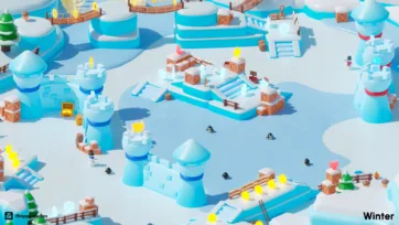 Low-poly 3D winter level with multiple penguins exploring an ice fortress, featuring wooden bridges with glowing rings and collectible items