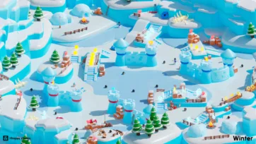 Aerial view of a winter fortress featuring ice towers, snowy platforms, pine trees, and collectible coins in a low-poly adventure setting