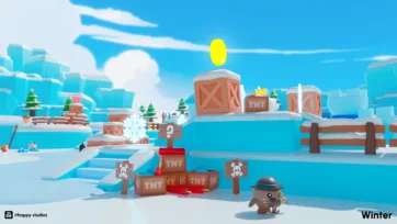 Low-poly winter game level with TNT crates, danger signs, and a detective walrus character in a snowy fortress environment