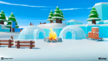 Three snow igloos with glowing campfire in a low-poly winter landscape surrounded by snow-covered pine trees and wooden fences