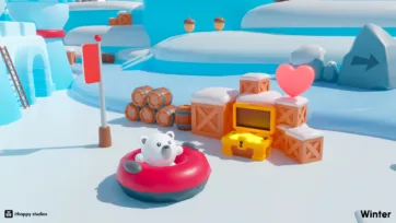3D low-poly winter scene featuring a cute polar bear in a red float tube near treasure chest and wooden barrels in an ice fortress setting