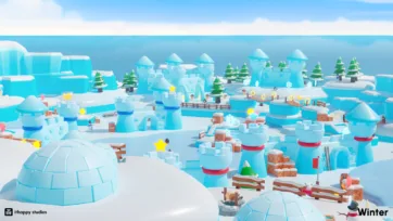 Panoramic view of a 3D winter fortress featuring igloos, ice towers with red bands, collectible stars, and various game elements across snowy platforms