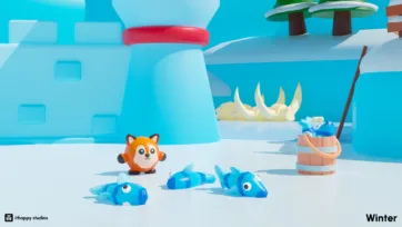 Cute low-poly orange fox character with blue fish in front of an ice castle tower, featuring wooden bucket and crystal decorations