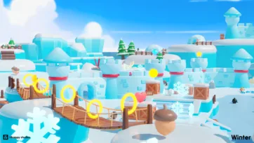 3D winter game level with wooden bridge decorated with glowing rings, ice fortress towers, and collectible items scattered across snowy platforms