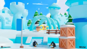 Two penguins exploring a low-poly ice castle environment with glowing golden rings and wooden crates against a bright blue sky
