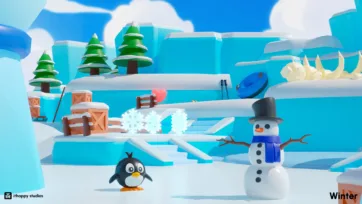 Low-poly 3D winter scene featuring a cute penguin and snowman with a blue scarf near wooden crates and snowy pine trees in a winter fortress setting