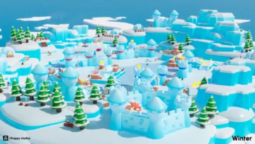 Close-up view of a 3D winter castle level with ice towers, wooden structures, and snow-covered evergreen trees in low-poly style
