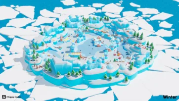 Expansive 3D winter fortress scene with frozen waterways, ice towers, and snow-covered platforms dotted with pine trees