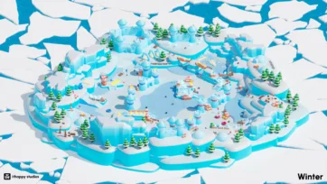 Detailed 3D winter landscape with ice fortress structures, wooden bridges, and strategically placed evergreen trees in low-poly style