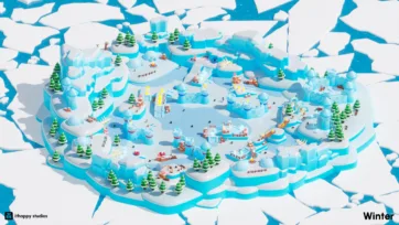 Low-poly 3D winter castle environment surrounded by ice floes, featuring snow-covered platforms and decorated pine trees