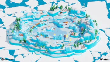 3D winter fortress with ice towers and snowy pathways scattered with evergreen trees, creating a magical low-poly adventure landscape