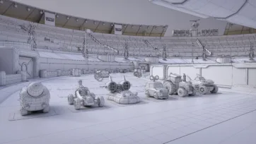 Wireframe view of battle stadium toy vehicles lineup showing detailed 3D mesh construction and polygon distribution