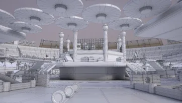 Close-up wireframe view of battle stadium 3D model central platform featuring detailed architectural elements and lighting fixtures